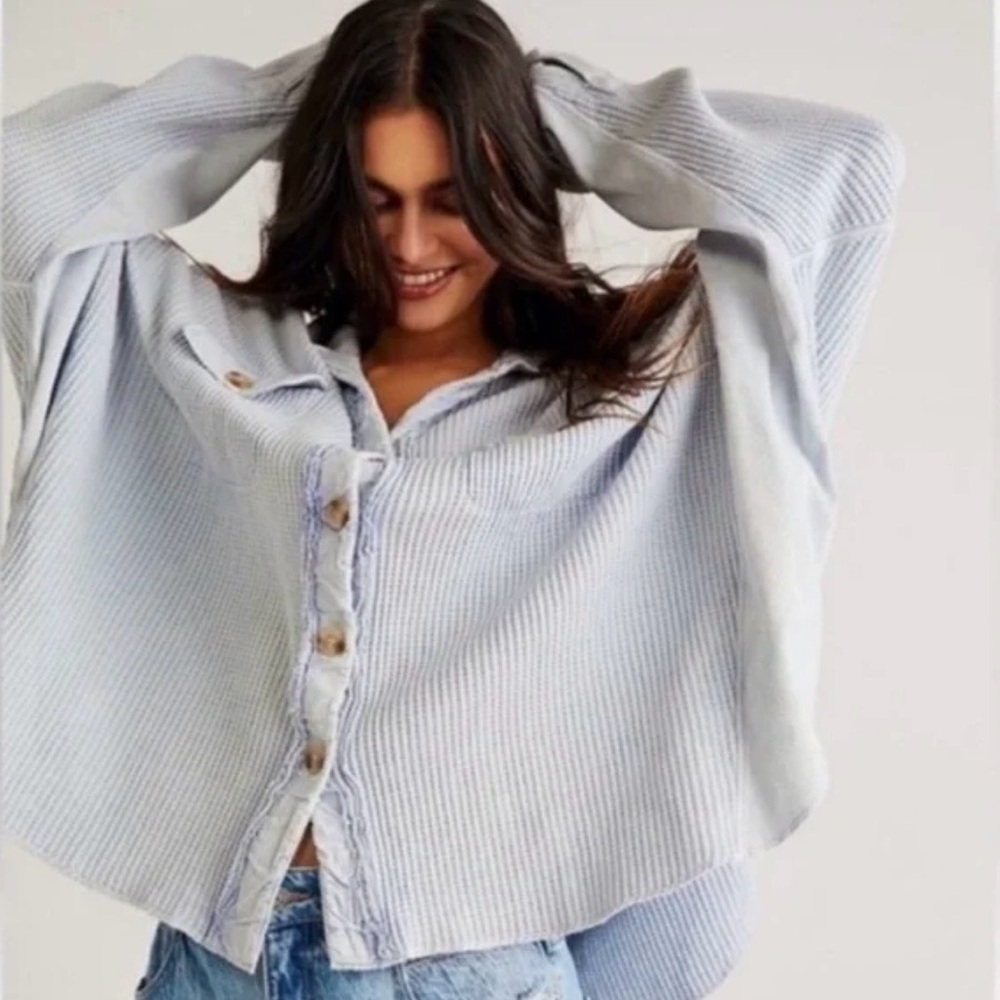 Free People FP One Scout Waffle Knit Jacket - Light Blue/Grey - Picture 4 of 7